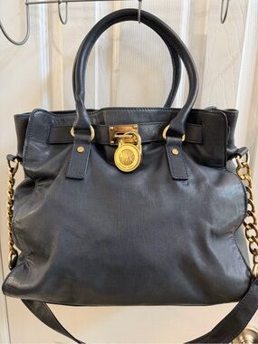 Michael Kors Hamilton Navy Blue Leather Satchel with Gold-Tone Chain Detail